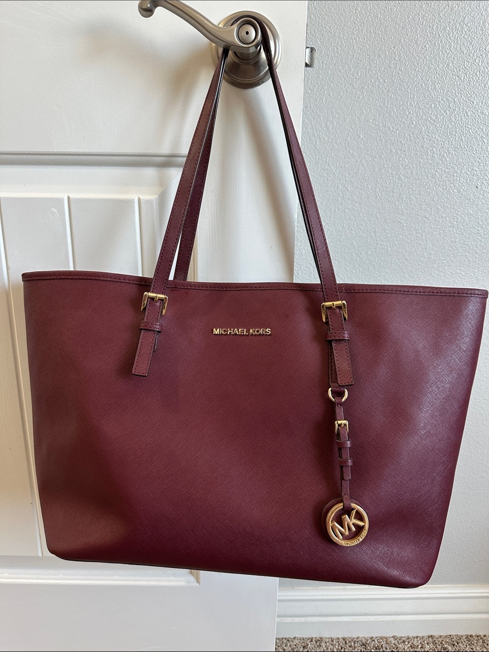 Michael Kors Wine Leather Tote with Gold Hardware